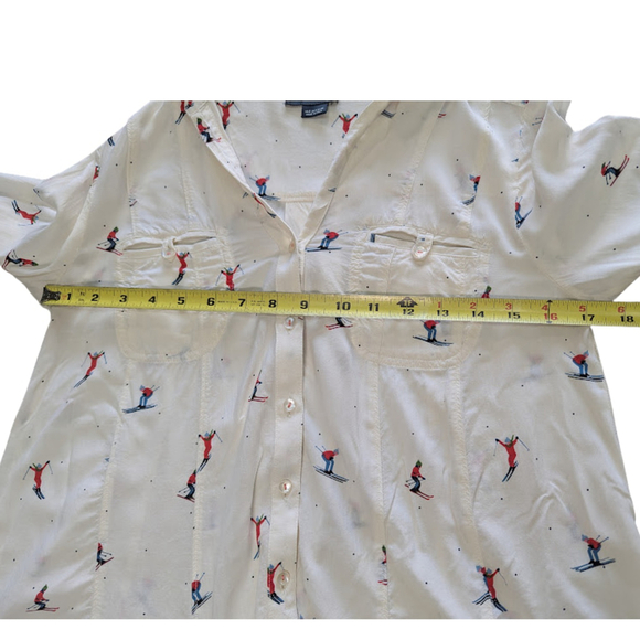 Cabincore Ski Print Button-Front Blouse Maeve | Whimsical Winter Top | Size 0 - Picture 8 of 13